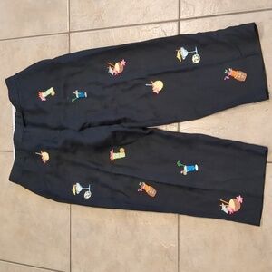 Saint Tropez West Black Linen Vacation Drinks Embroidered Pants Size 12
